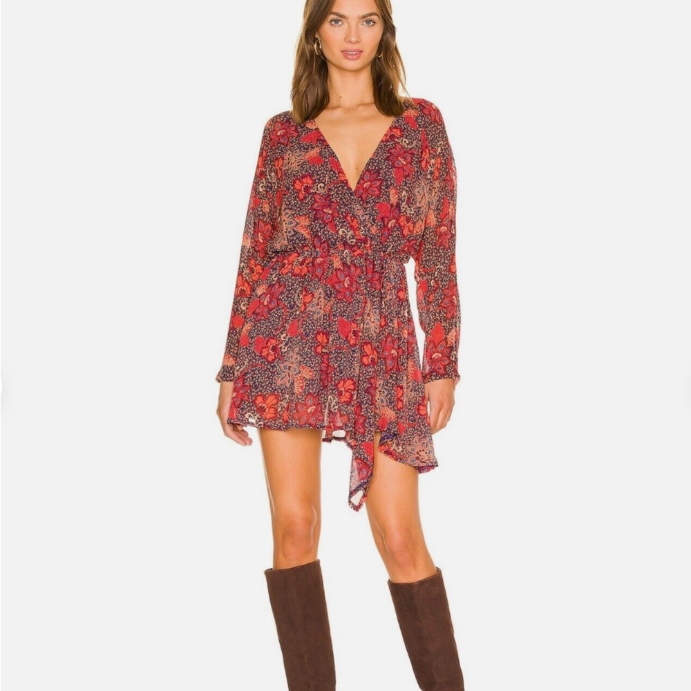 Free People Teegan Mini Dress Peach Combo Floral Print Orange Red Medium